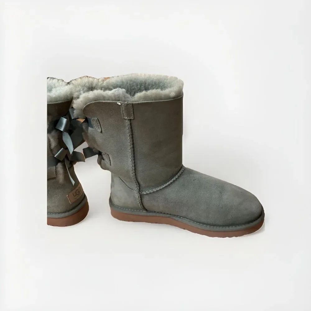 Womens Ugg Boots Sz 8 Bailey Bow Sage Light Green Suede Coquette Has Normal Wear - Picture 10 of 13